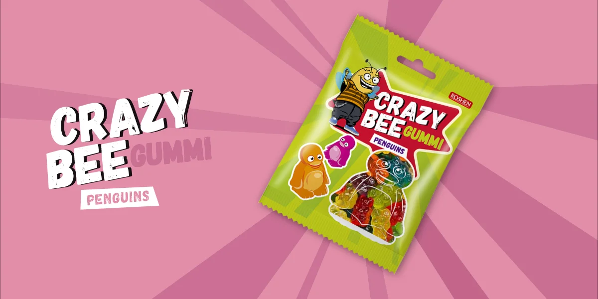 Crazy Bee Gummi Penguins gumicukor-tasak rózsaszín háttéren