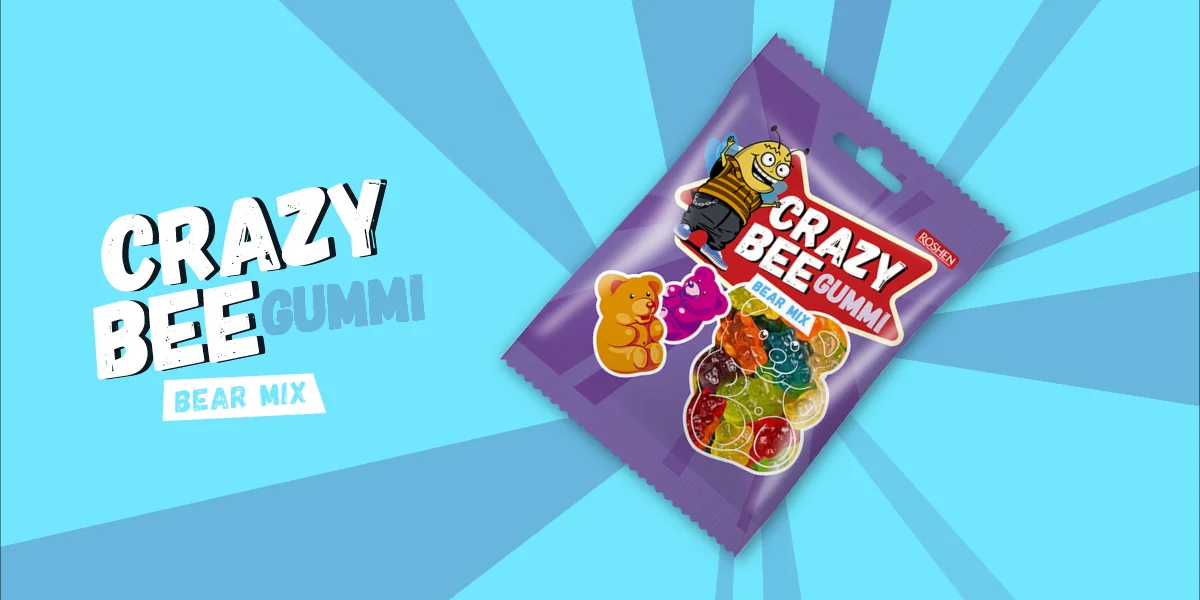 Crazy Bee Gummi Bear Mix gumicukor-tasak világoskék háttéren
