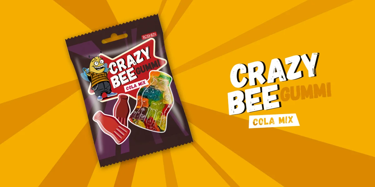 Crazy Bee Gummi Cola Mix gumicukor-tasak narancssárga háttéren