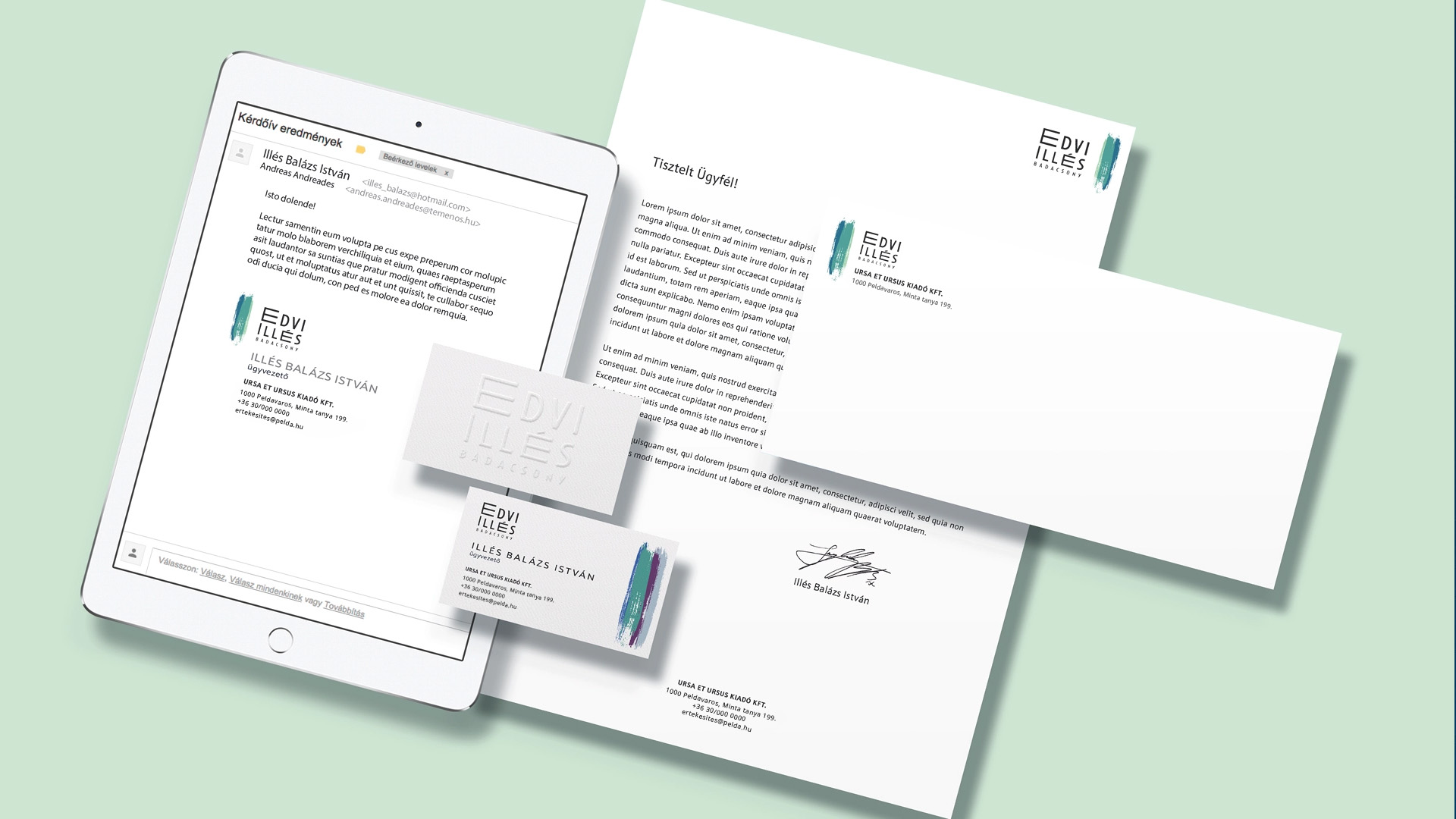 Az Edvi Illés levélpapírja, borítékja, névjegye és e-mail-aláírása