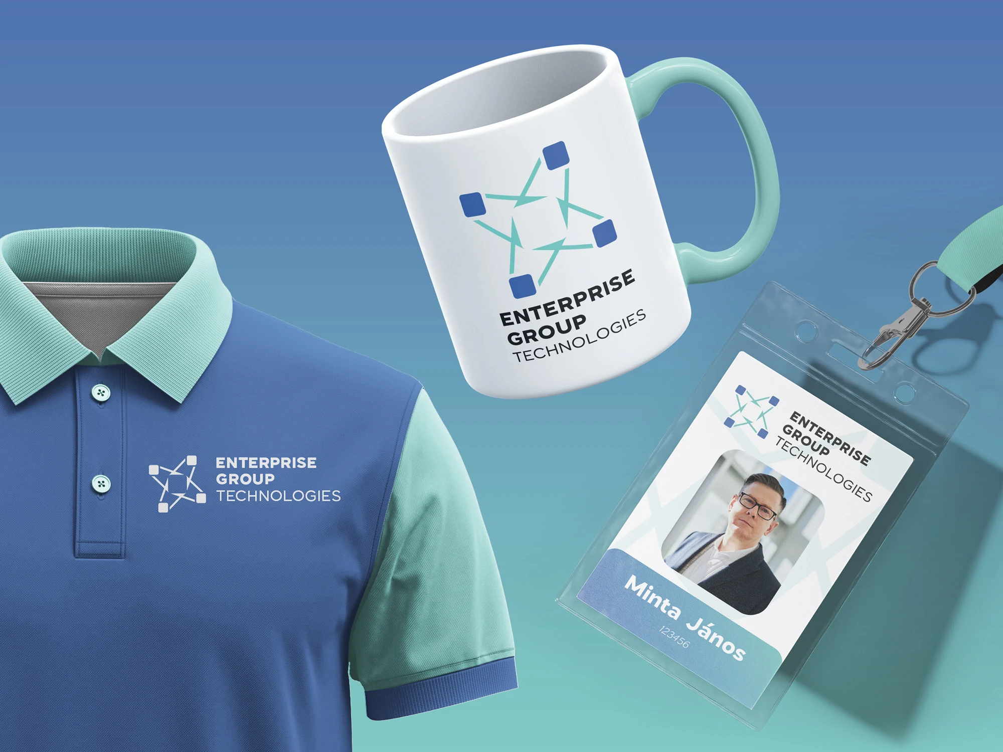Enterprise Group Technologies arculati elemek: galléros póló, bögre és belépőkártya