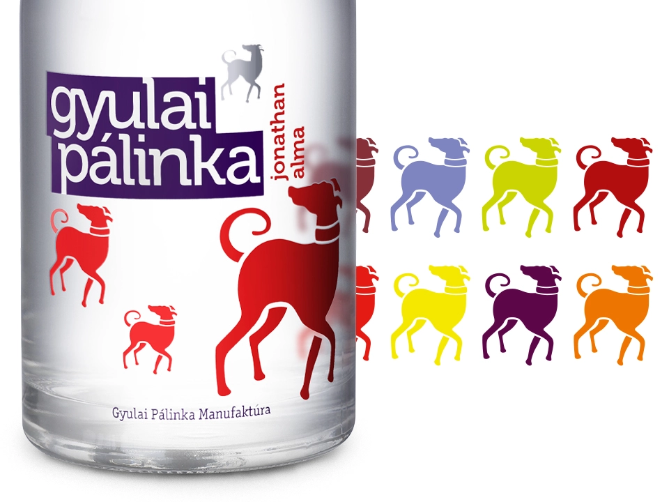 Gyulai pálinka jonathan alma palack és a színes kutyafigurás címkerendszer