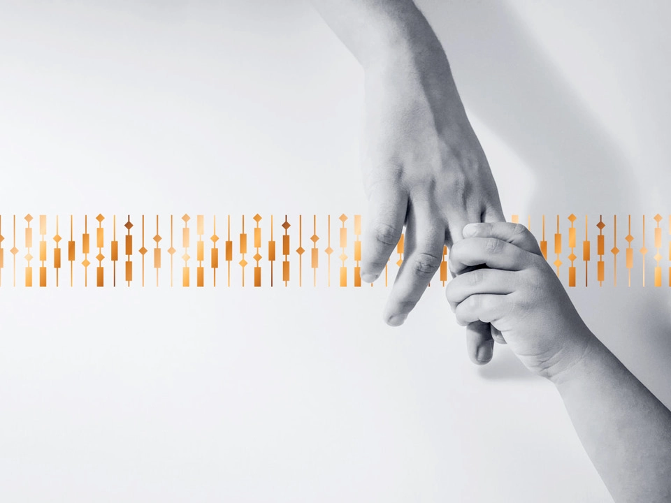 Felnőtt és gyermek keze a Genecontact DNS-mintázatú grafikai elemével