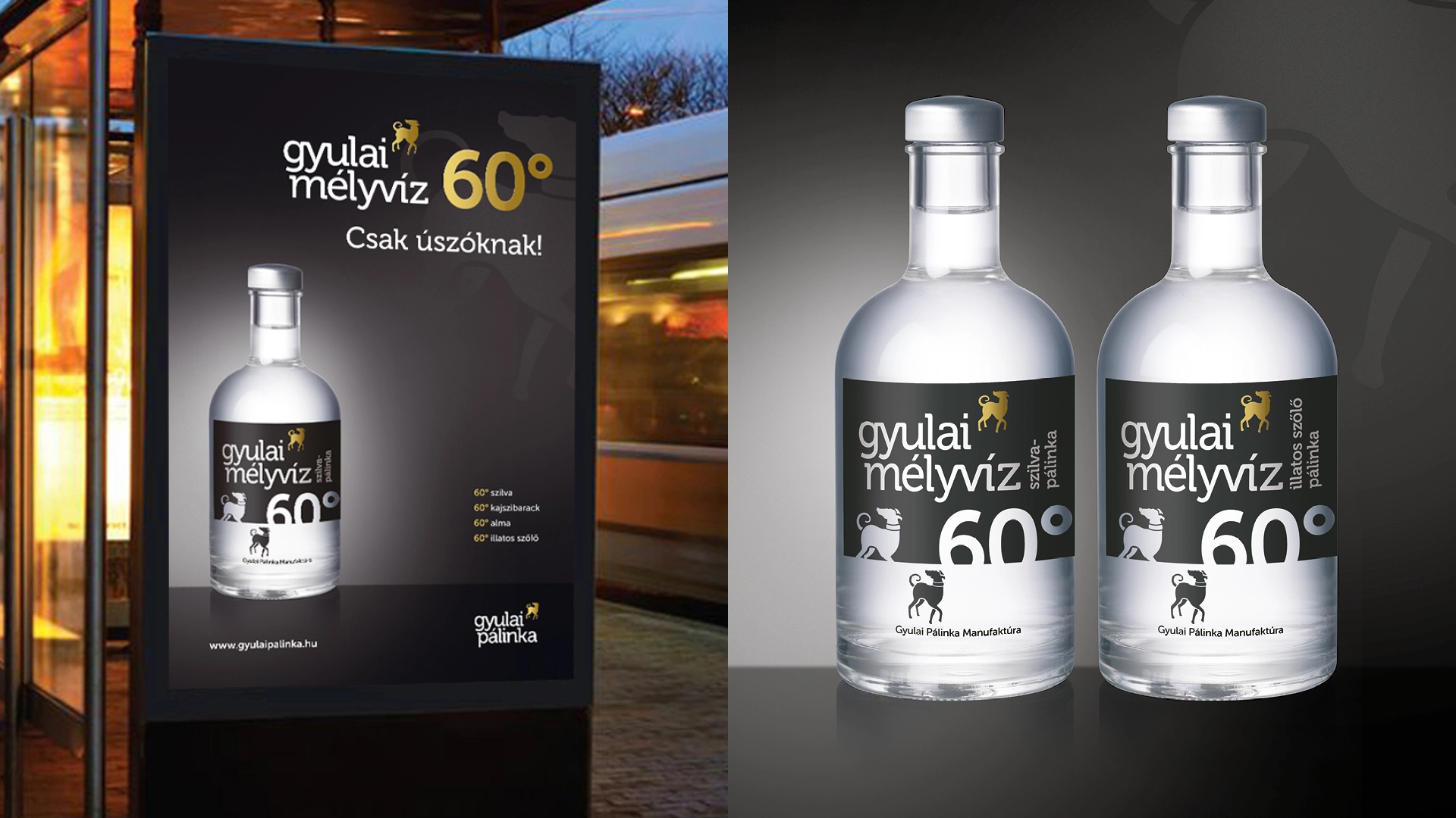 A Gyulai Mélyvíz 60° pálinka „Csak úszóknak!” plakátja és palackjai