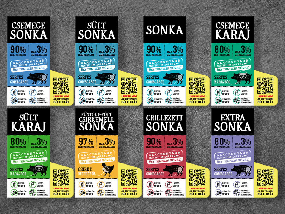 A Herz tálcás termékcsalád címkéi: csemege, sült, füstölt-főtt csirkemell, grillezett és extra sonka, karaj