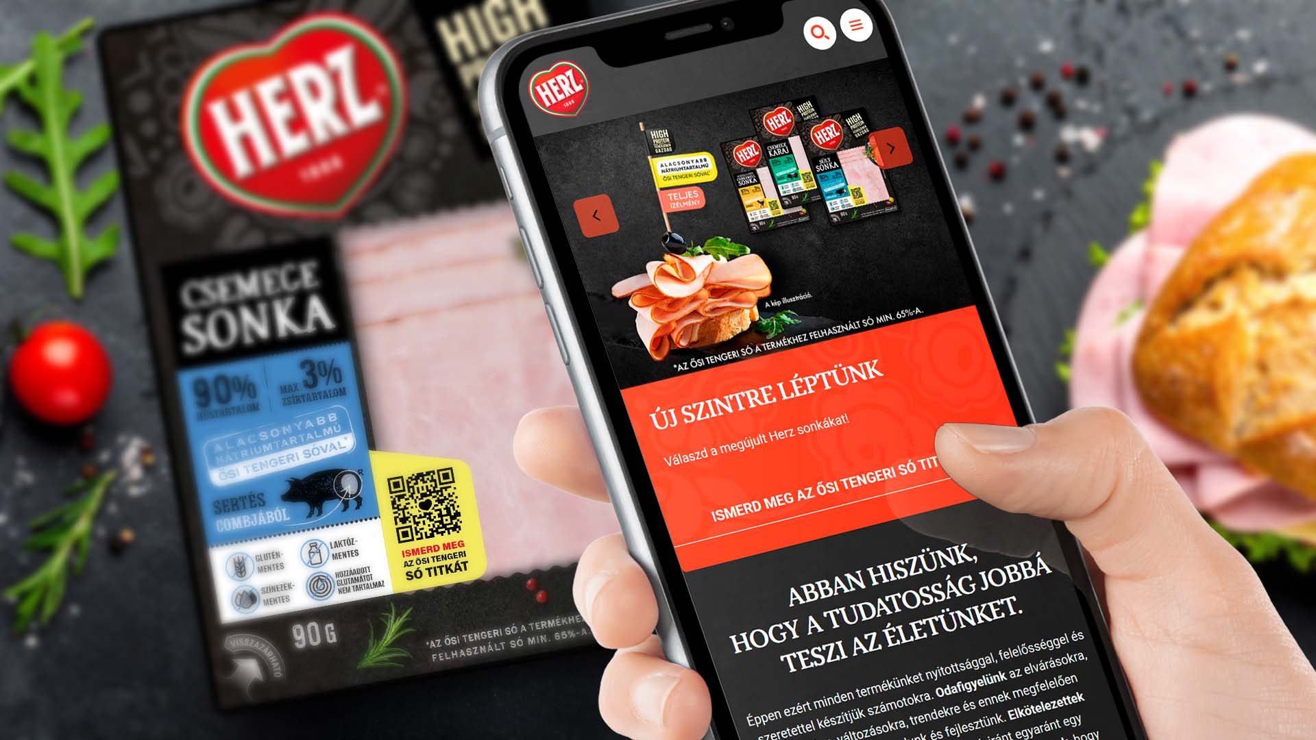 A Herz weboldal mobilon a csemege sonka csomagolása mellett