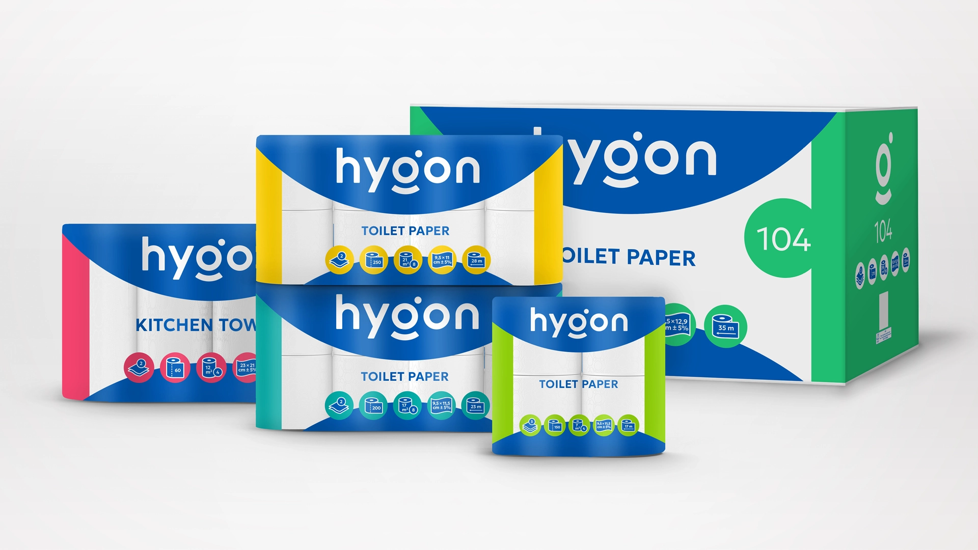 Hygon toalettpapír- és kéztörlő-termékcsalád csomagolásai