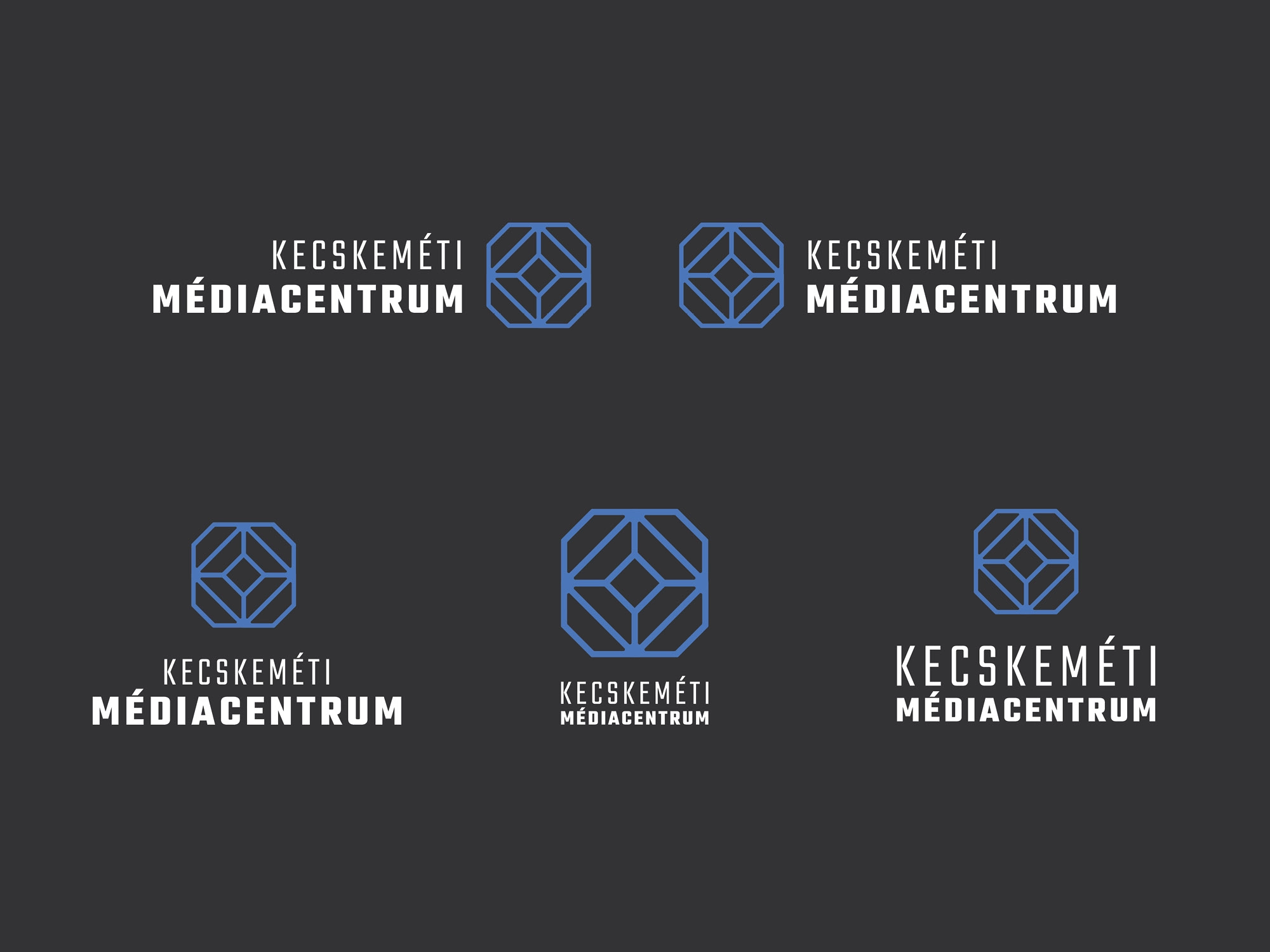 A Kecskeméti Médiacentrum logóváltozatai sötét háttéren