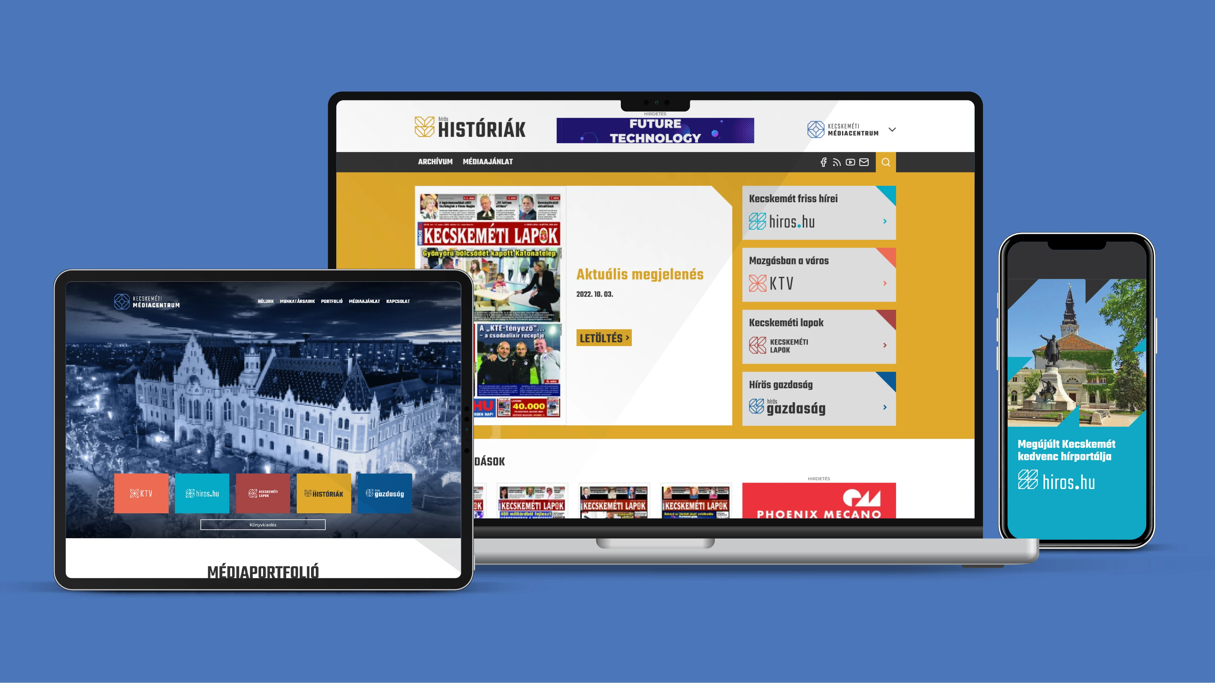 A Kecskeméti Médiacentrum weboldalai tableten, laptopon és mobilon