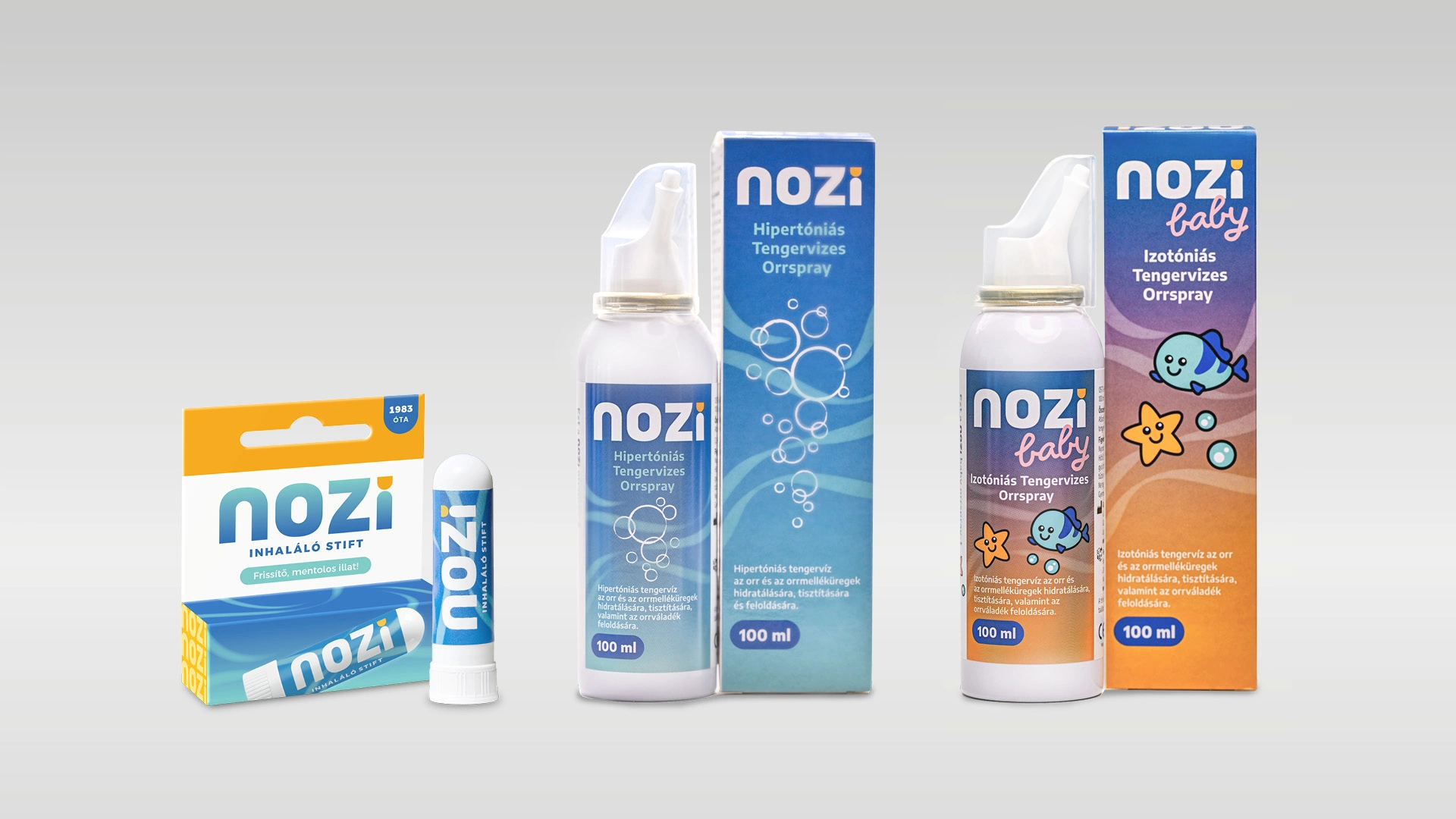 Nozi inhaláló stift, Nozi és Nozi baby tengervizes orrspray csomagolásai