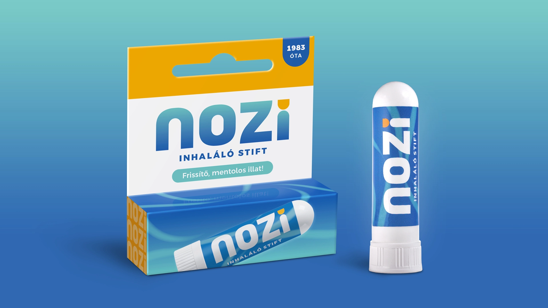 Nozi inhaláló stift és akasztós csomagolása kék háttéren