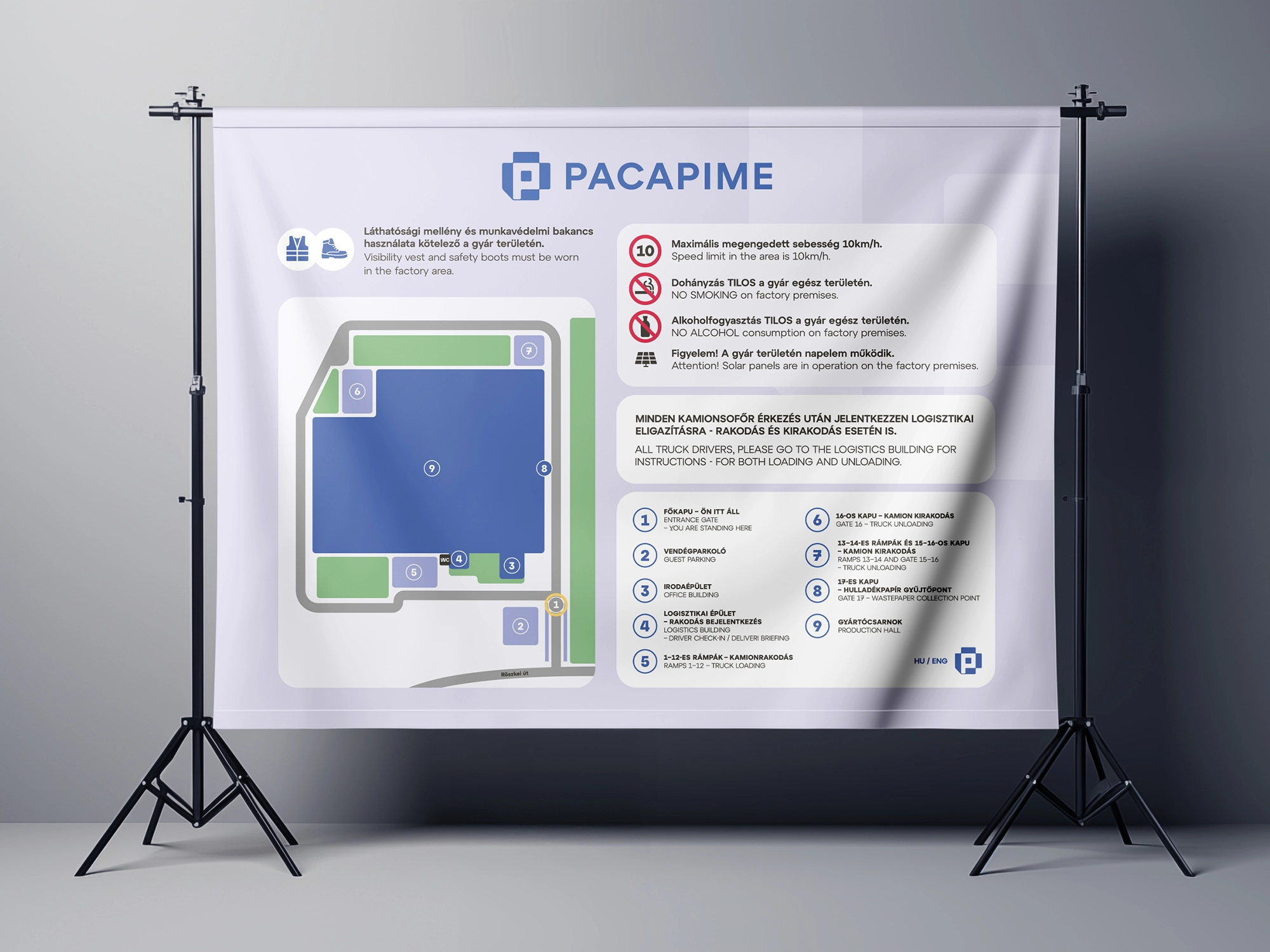 A Pacapime gyári telephelytérképe és biztonsági szabályai molinón