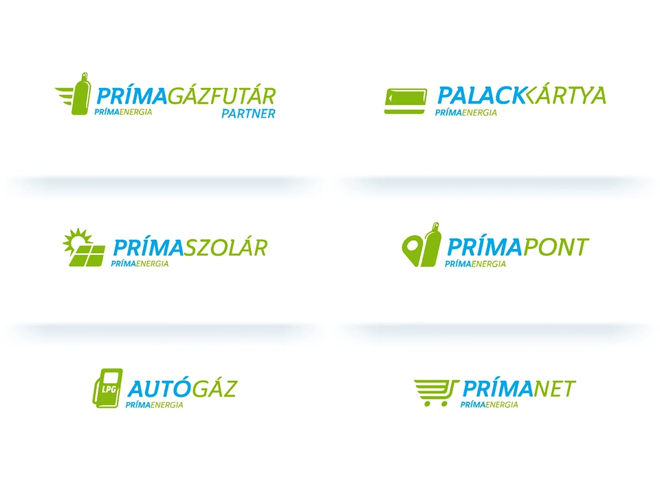 A Prímaenergia almárkáinak logói: PrímaGázfutár, Palackkártya, PrímaSzolár, PrímaPont, Autógáz, PrímaNet