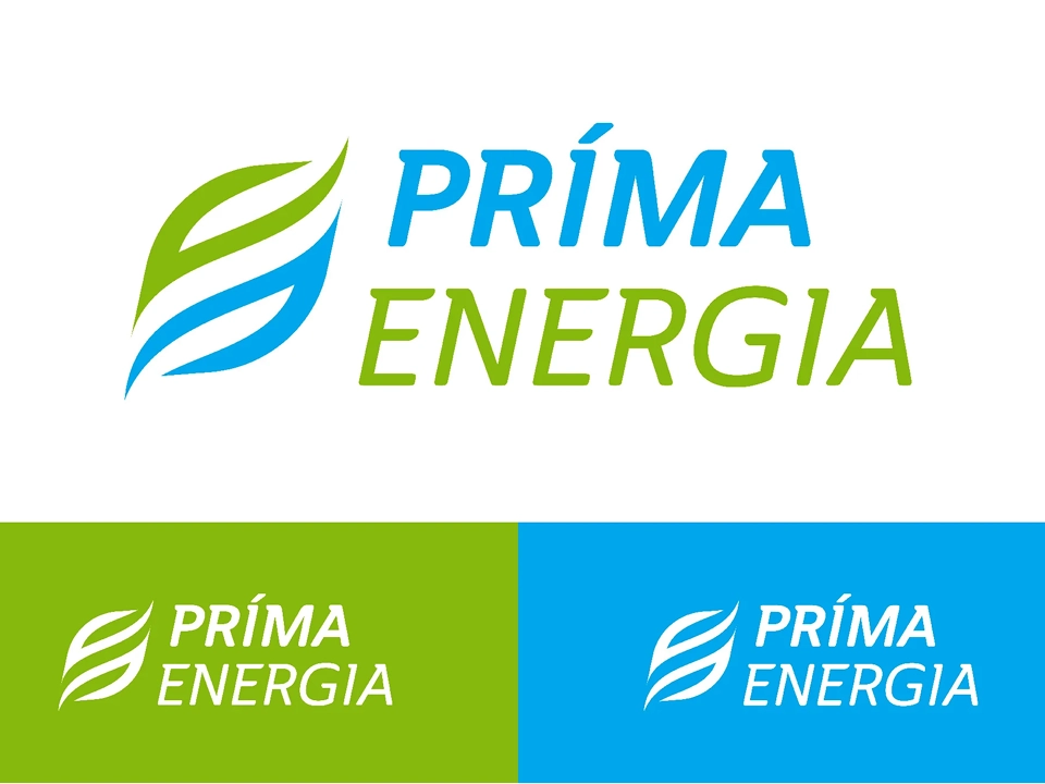 A Prímaenergia logója fehér, zöld és kék háttéren
