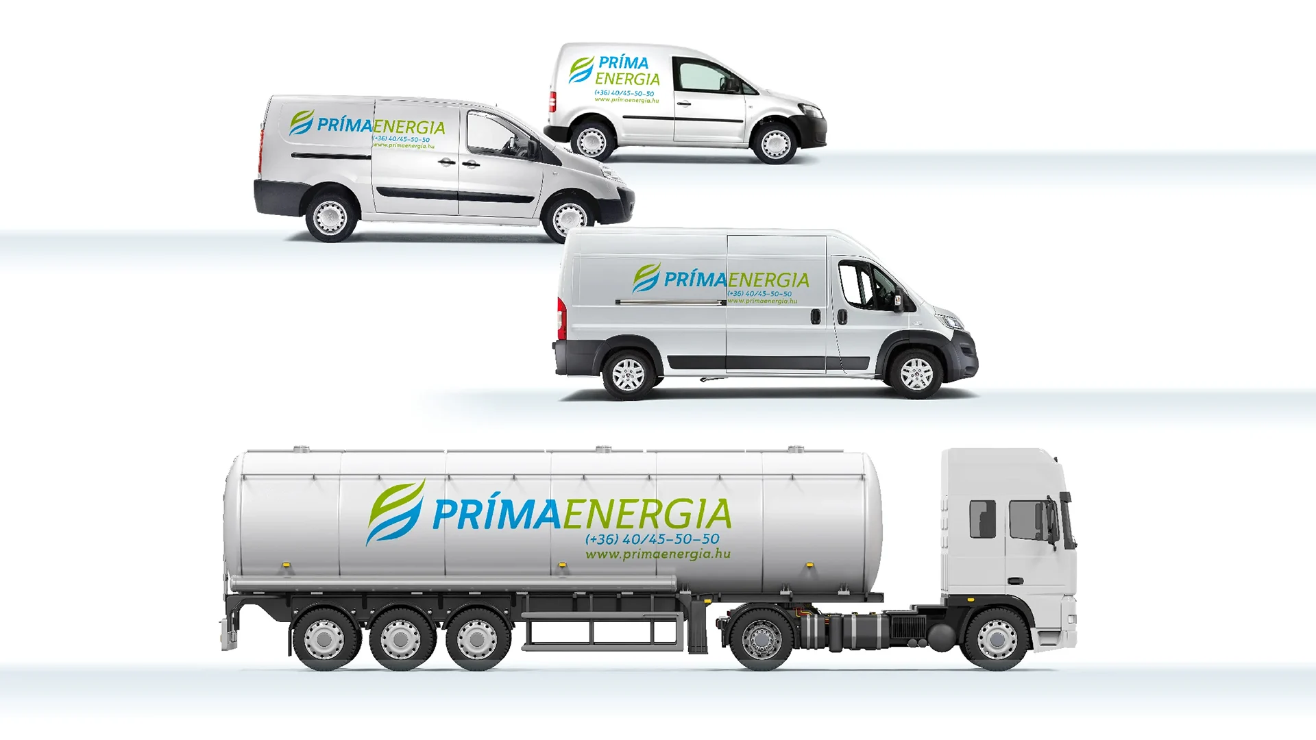 Prímaenergia-dekoráció három kisteherautón és egy tartálykocsin