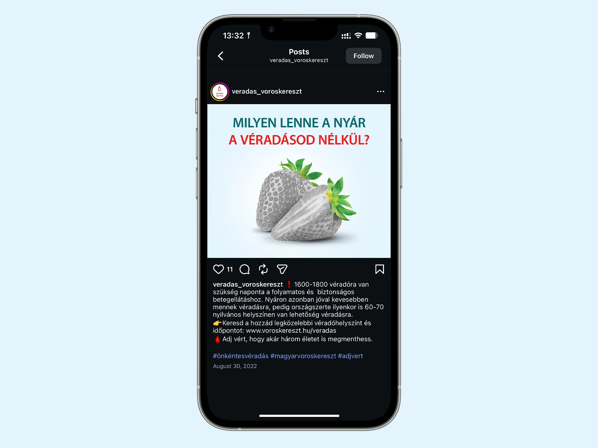 A Magyar Vöröskereszt véradásra hívó Instagram-posztja mobilon, szürke eperrel