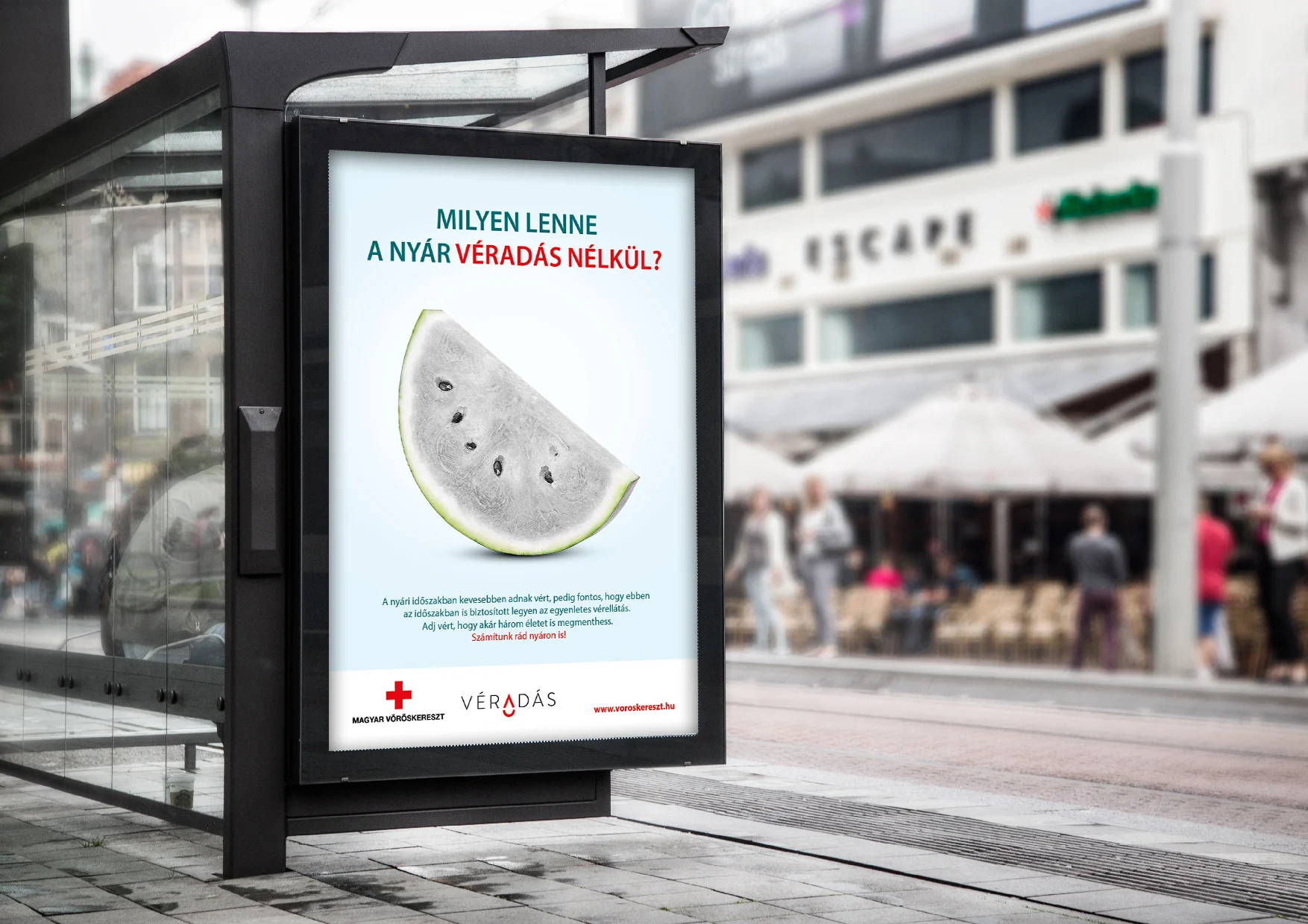 A szürke görögdinnyés véradásplakát egy buszmegállóban