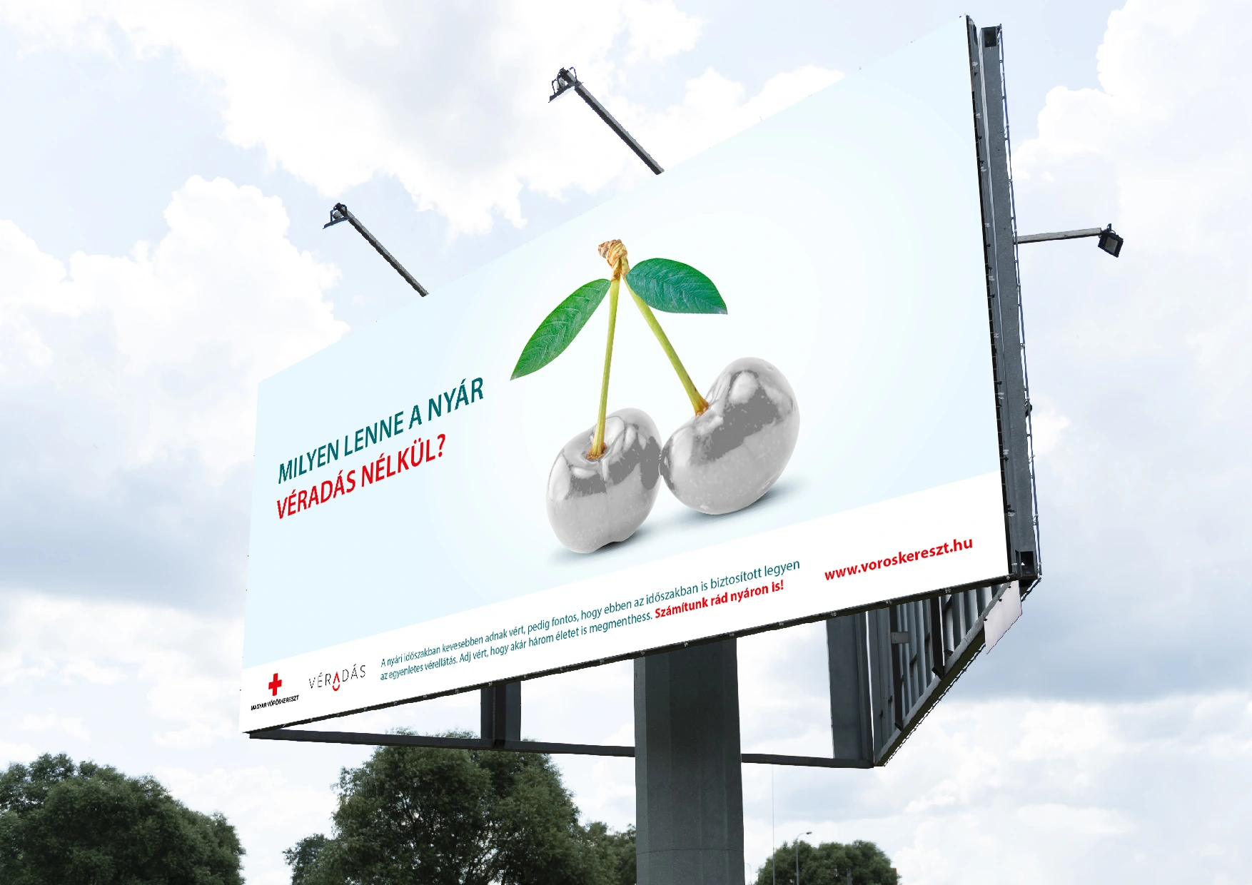 A Magyar Vöröskereszt véradáskampányának óriásplakátja szürke cseresznyével