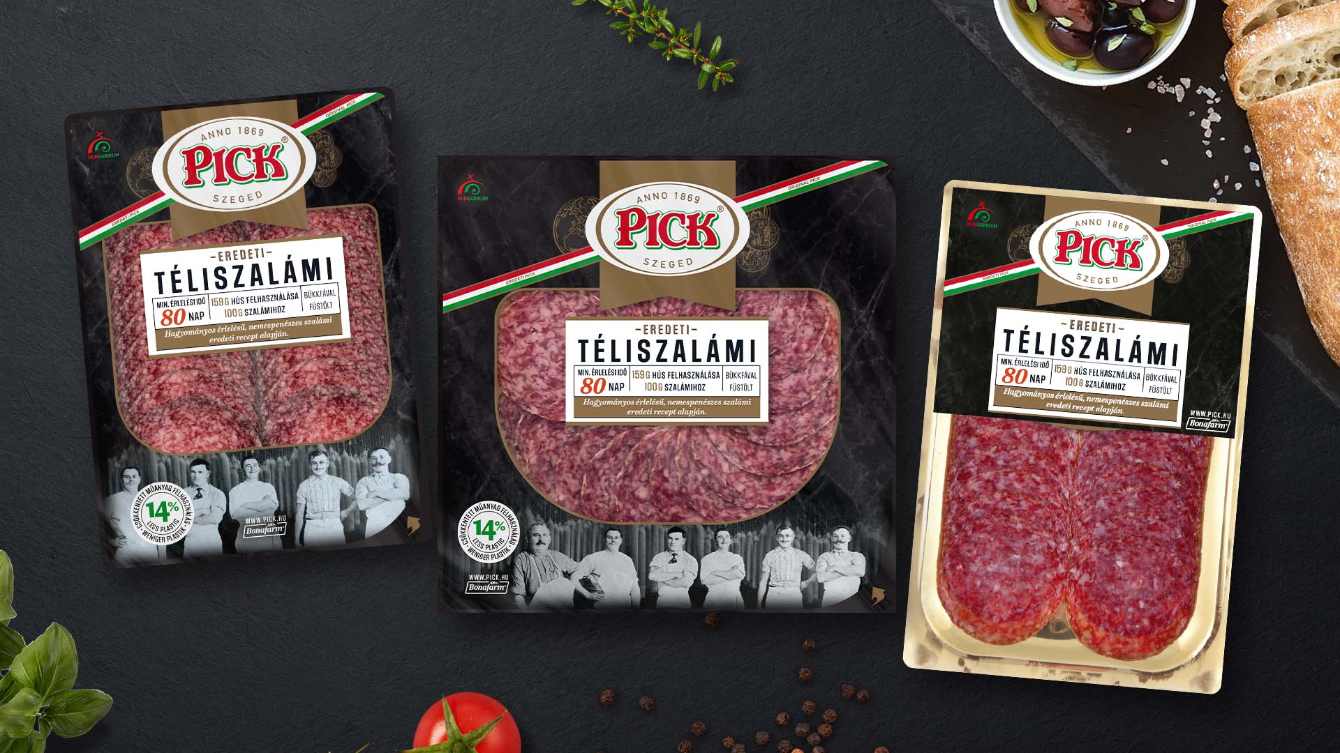 Pick Eredeti Téliszalámi szeletelt csomagolásai – csomagolástervezés és márkafrissítés