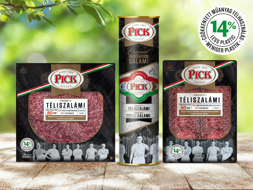 Pick Téliszalámi szeletelt csomagolásai és hengeres Original Hungarian Salami díszdoboza
