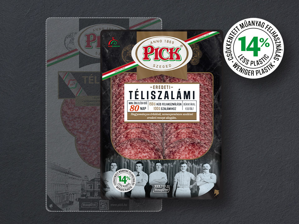 Pick Eredeti Téliszalámi csomagolás a „14% kevesebb műanyag” jelöléssel