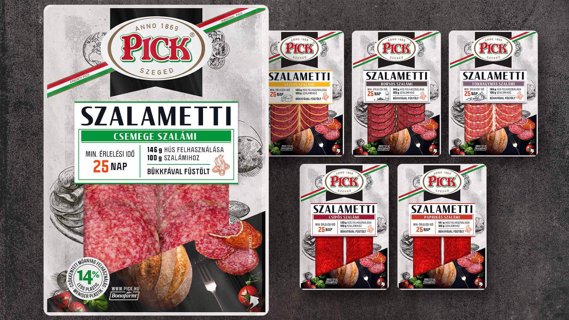A Pick Szalametti termékcsalád csomagolásai: sajtos, borsos, fokhagymás, csípős, paprikás és csemege