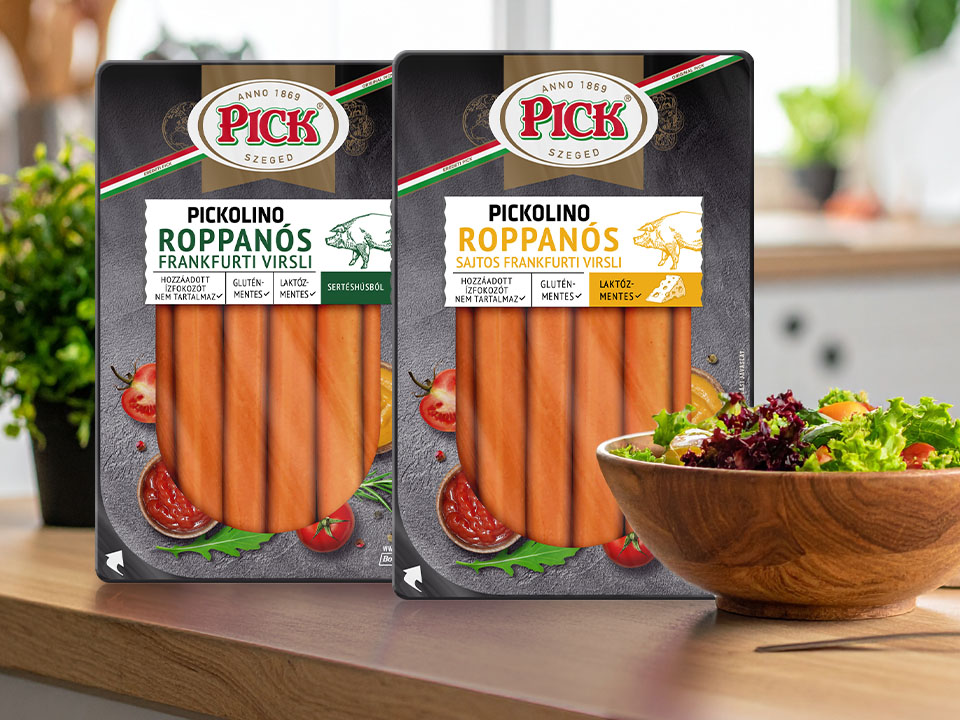 Pick Pickolino roppanós frankfurti és sajtos frankfurti virsli csomagolásai