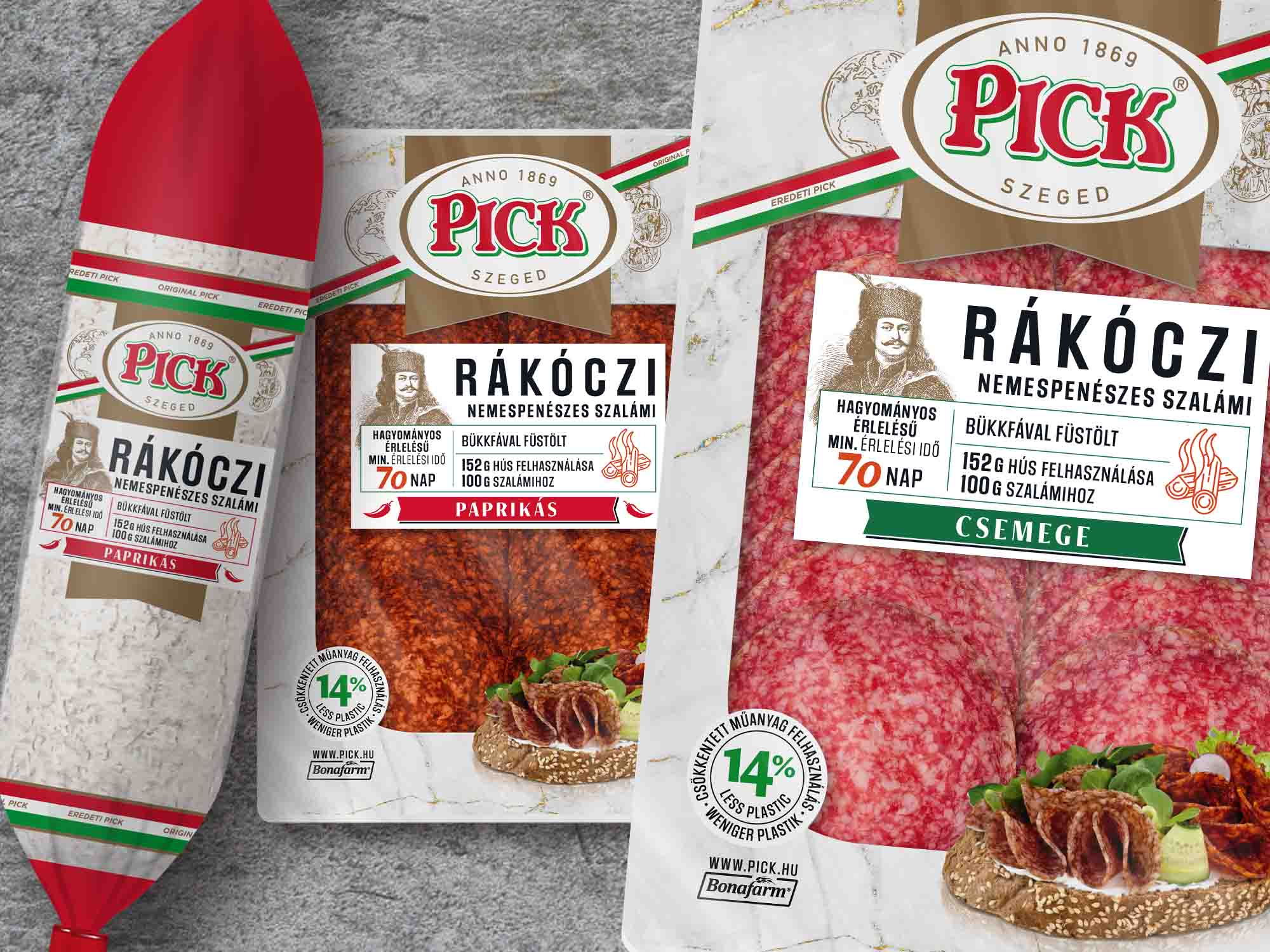 Pick Rákóczi nemespenészes szalámi: rúd, valamint paprikás és csemege szeletelt csomagolás