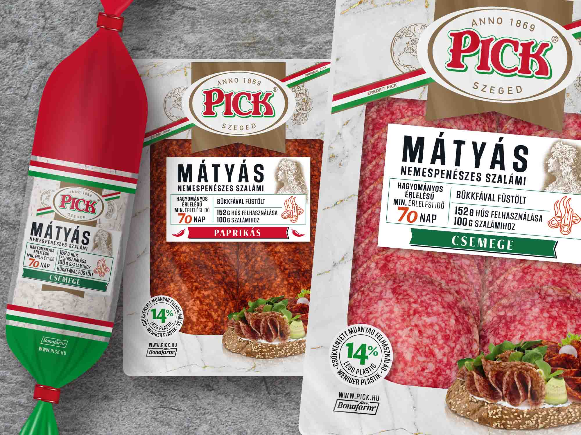 Pick Mátyás nemespenészes szalámi: rúd, valamint paprikás és csemege szeletelt csomagolás