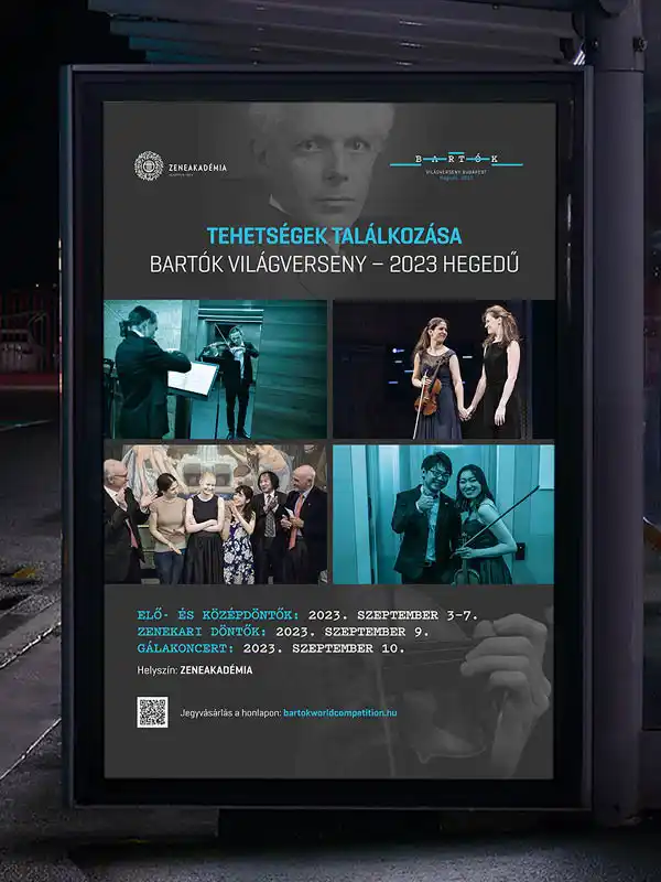 Bartók Hegedűverseny 2023 plakát zenészfotókkal és eseményinformációval – eseményarculat és plakátdesign