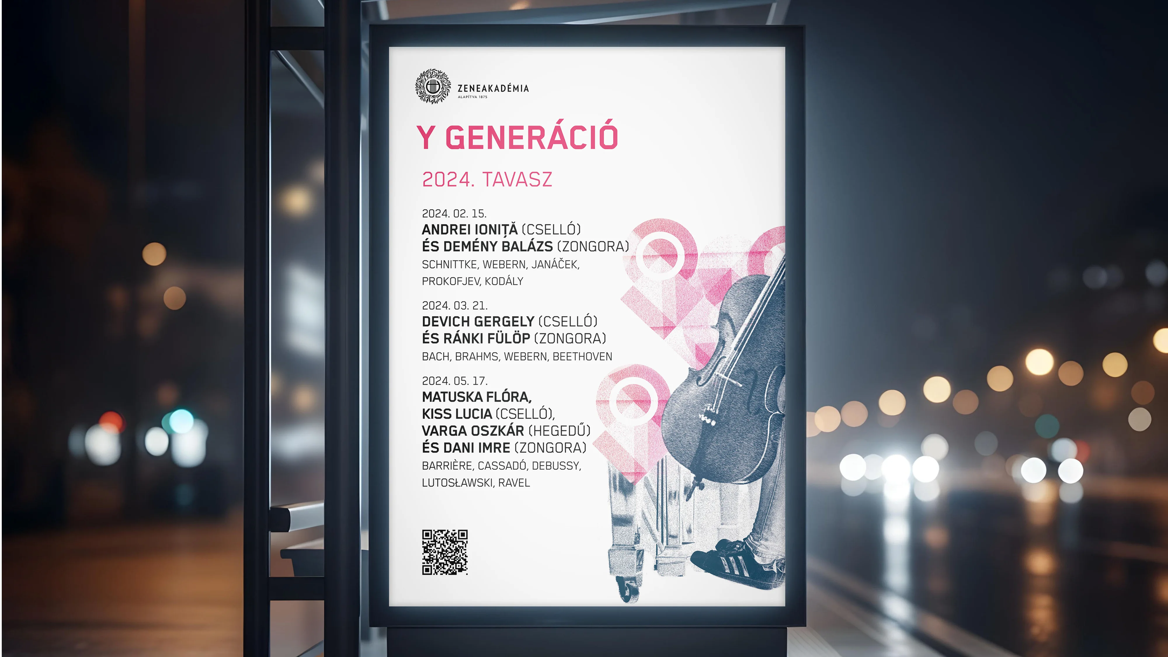 A Zeneakadémia „Y generáció” 2024. tavaszi plakátja egy buszmegállóban