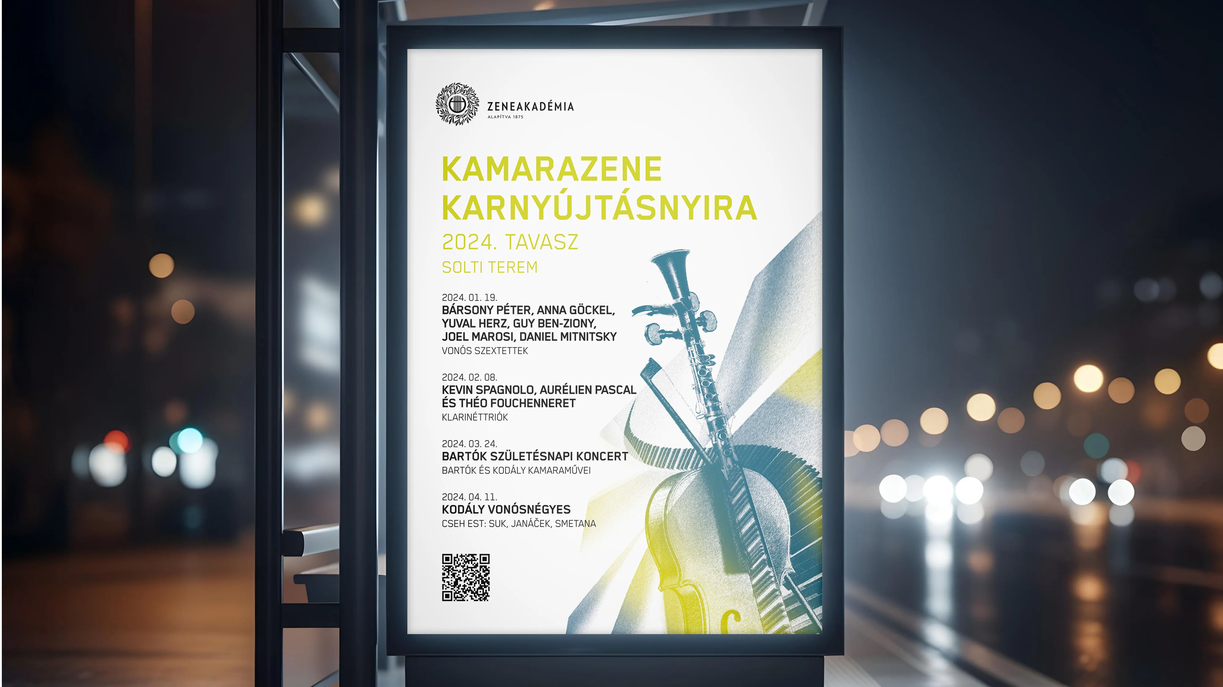 A Zeneakadémia „Kamarazene karnyújtásnyira” 2024. tavaszi plakátja egy buszmegállóban