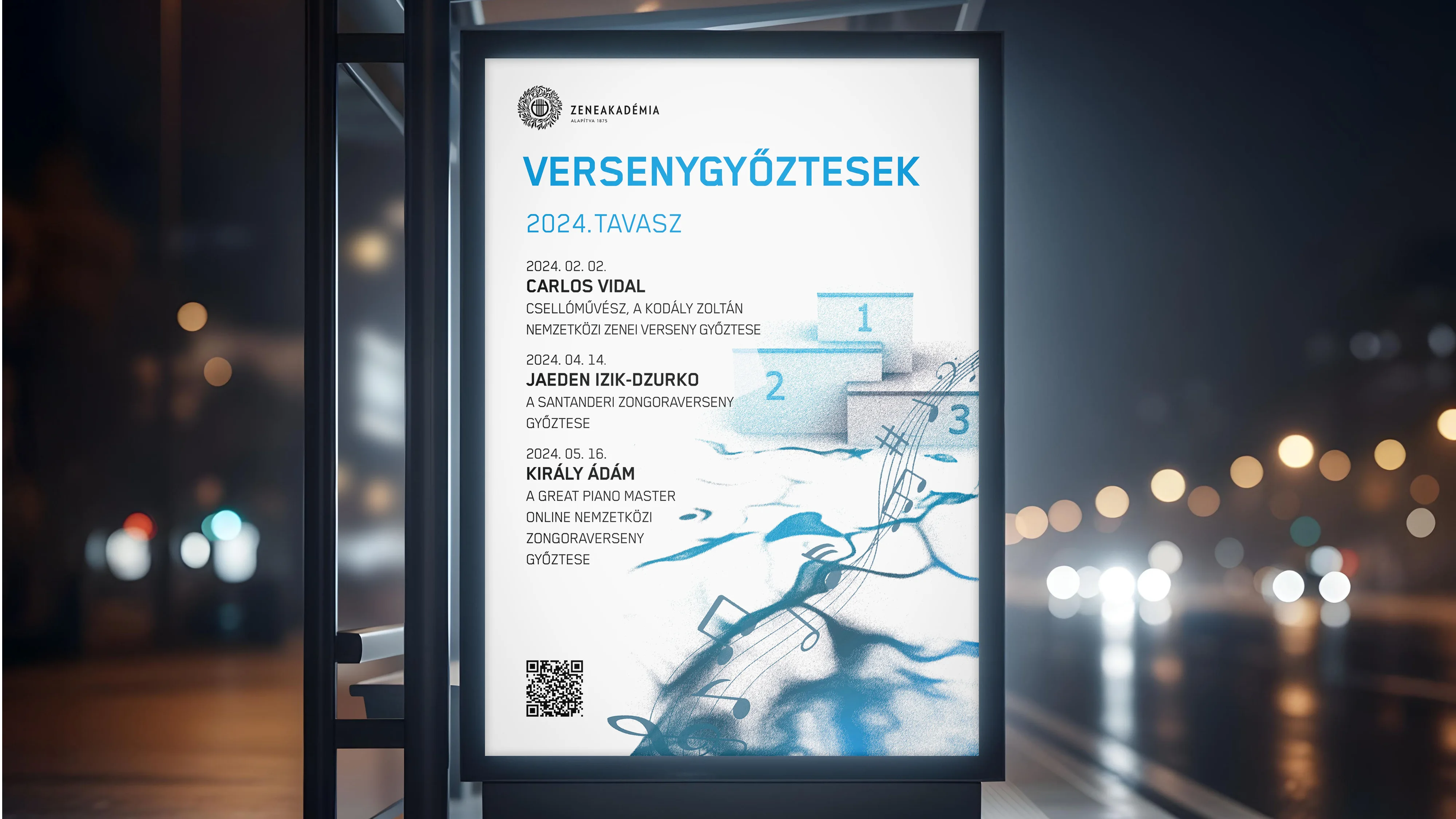 A Zeneakadémia „Versenygyőztesek” 2024. tavaszi plakátja egy buszmegállóban
