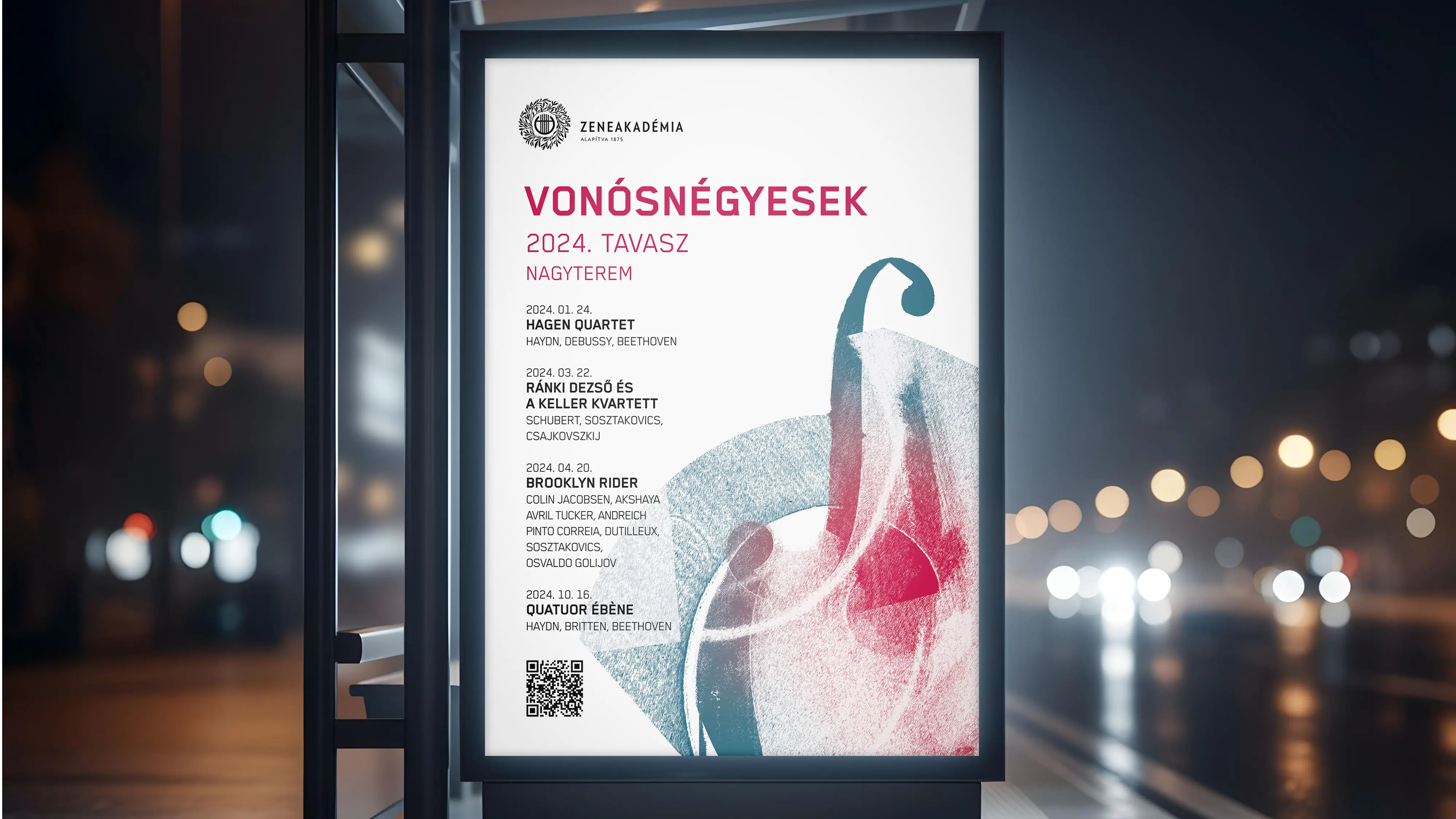 A Zeneakadémia „Vonósnégyesek” 2024. tavaszi plakátja egy buszmegállóban