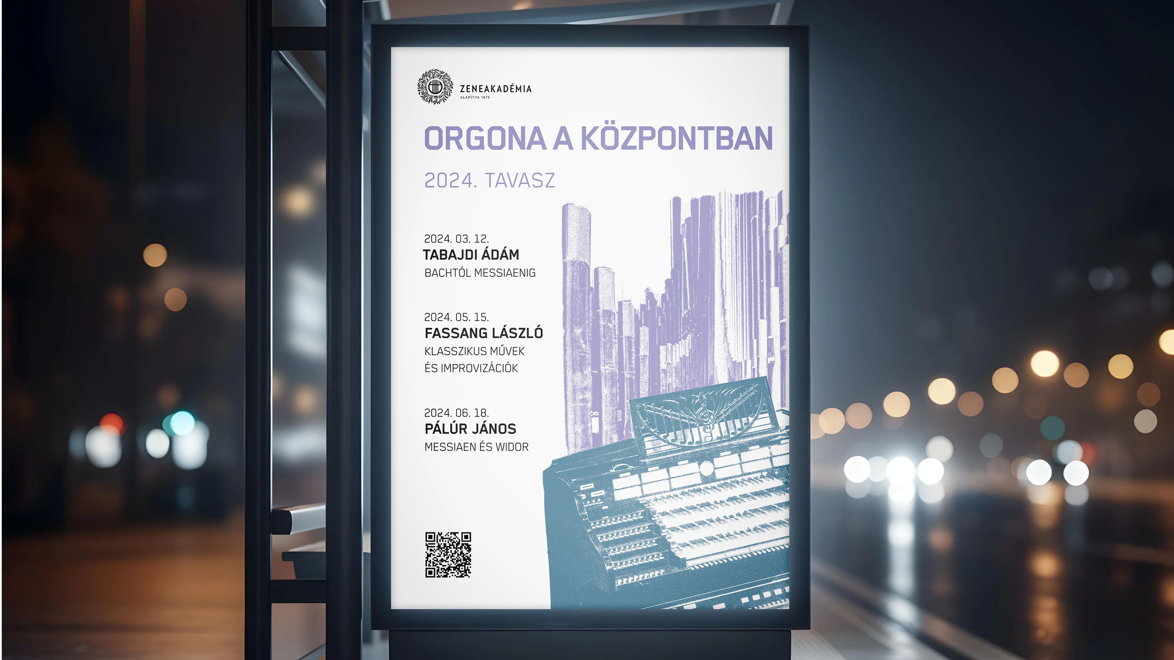 A Zeneakadémia „Orgona a központban” 2024. tavaszi plakátja egy buszmegállóban