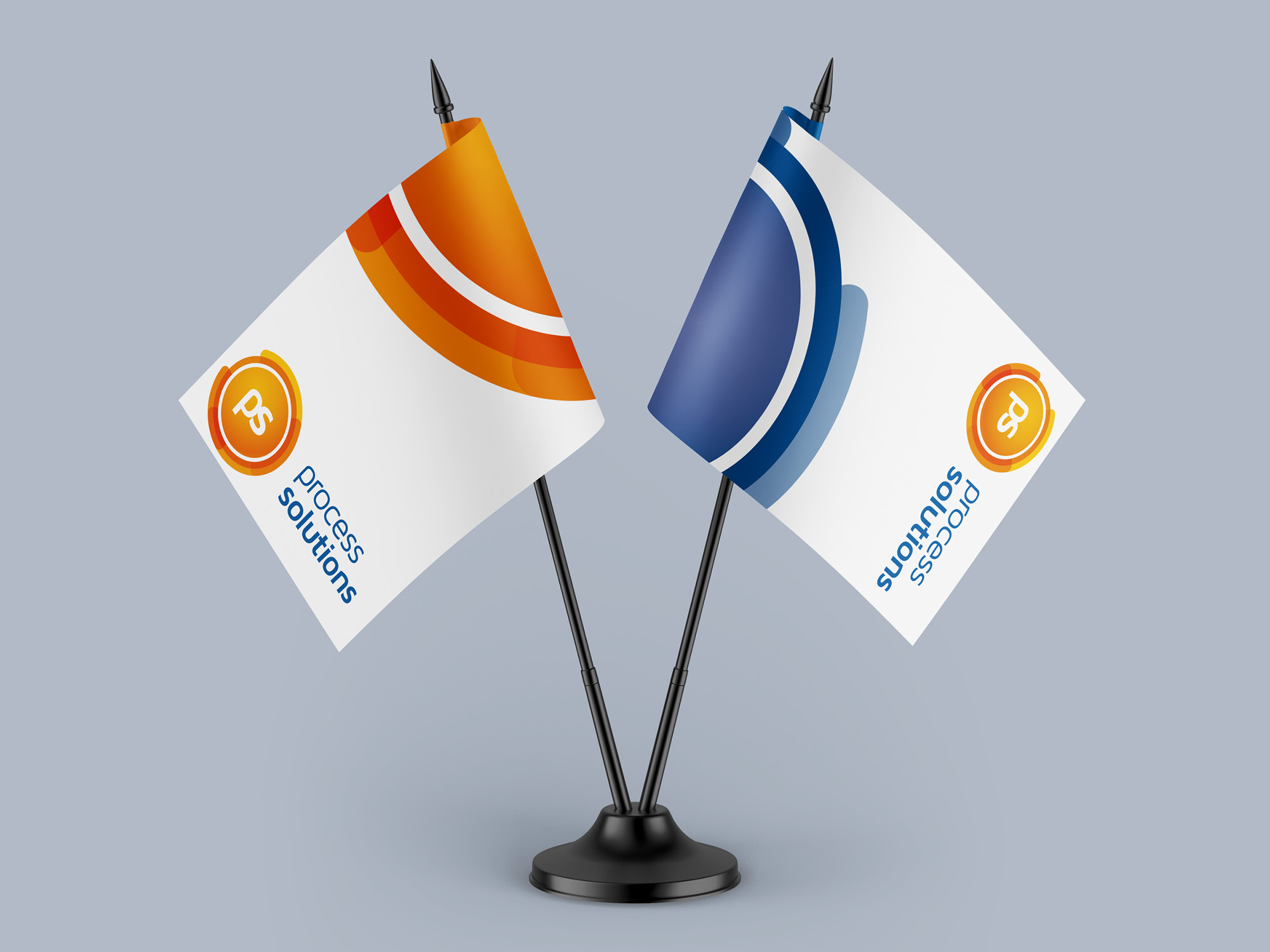 Két Process Solutions asztali zászló narancs és kék ívvel