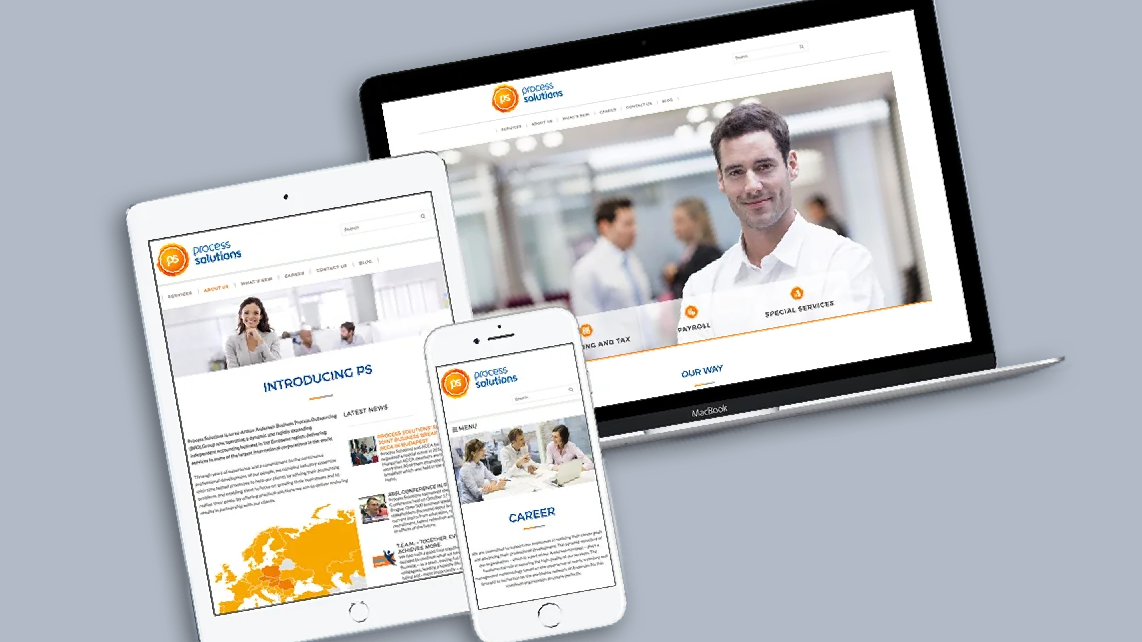 A Process Solutions weboldala laptopon, tableten és mobilon