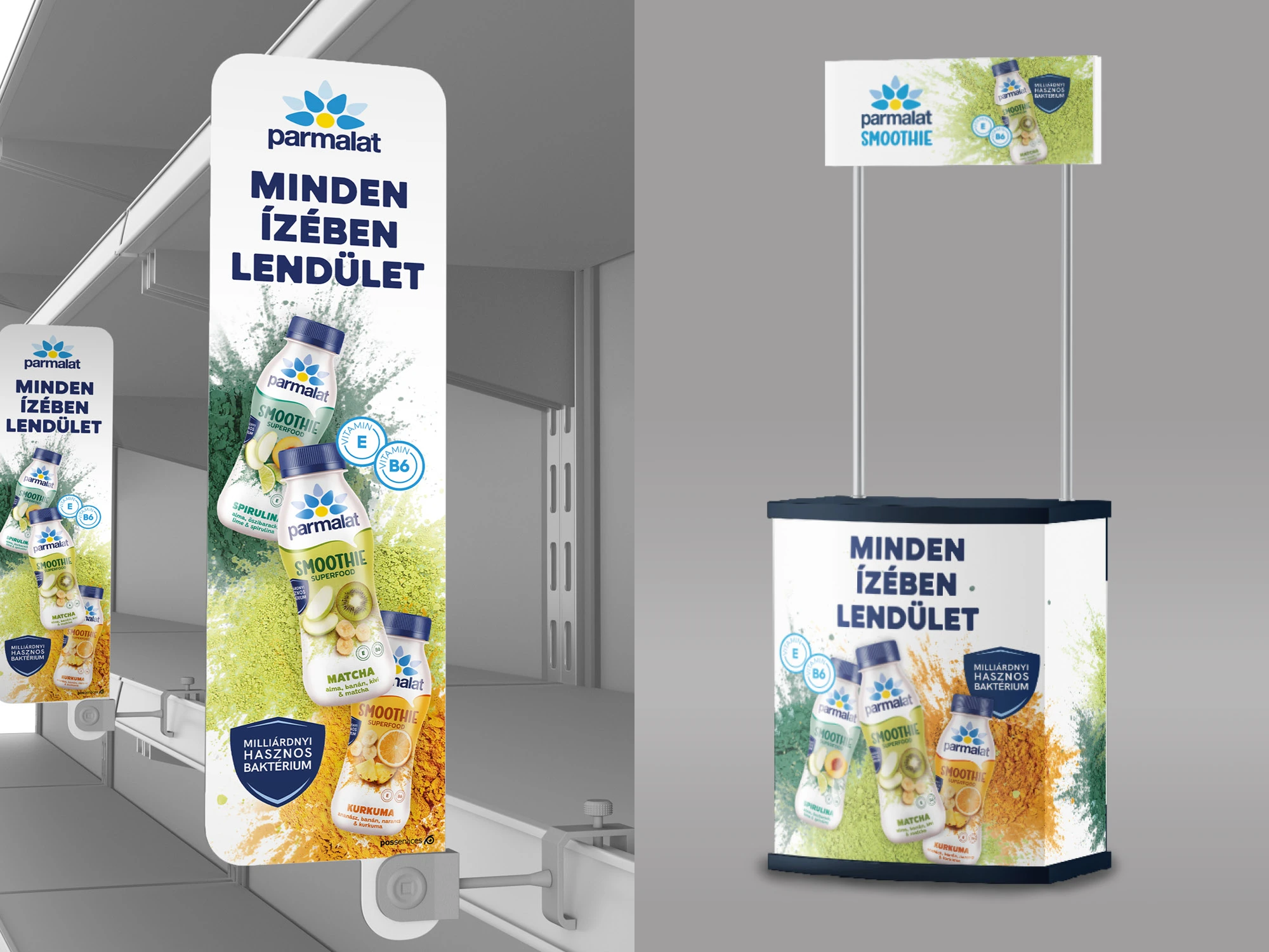 A Parmalat Smoothie „Minden ízében lendület” roll-upja és promóciós pultja