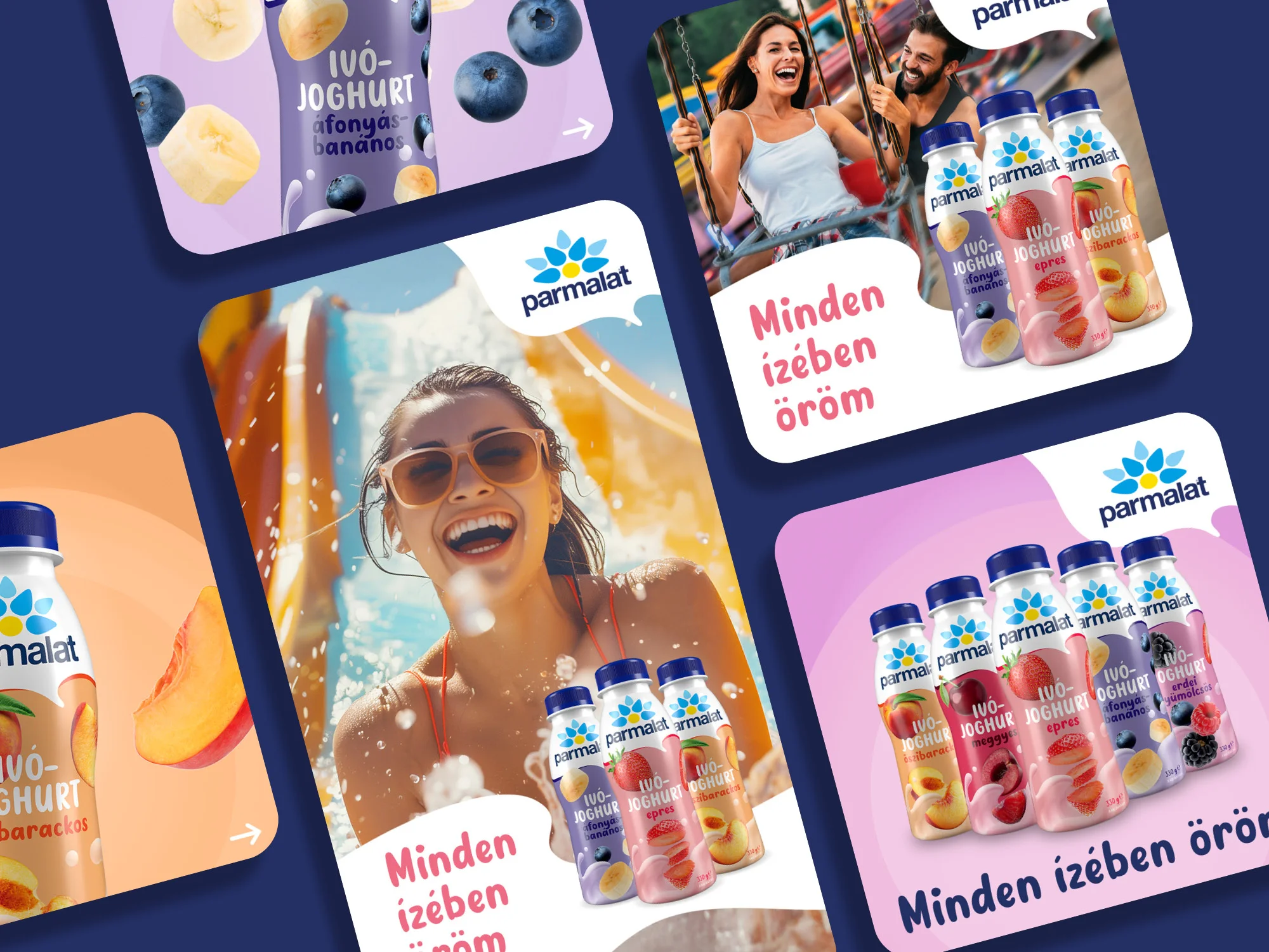 A Parmalat ivójoghurt-kampány közösségimédia-posztjai áfonyás-banános, barackos és epres ízekkel