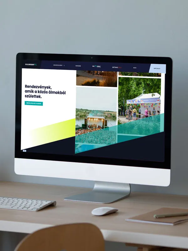 ColorRent weboldal- és arculattervezési projektjének thumbnail képe, mockup asztali monitoron