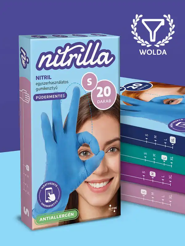 Nitrilla nitrilkesztyű-doboz modern csomagolással és mosolygó modellel – termékcsomagolás és csomagolástervezés design