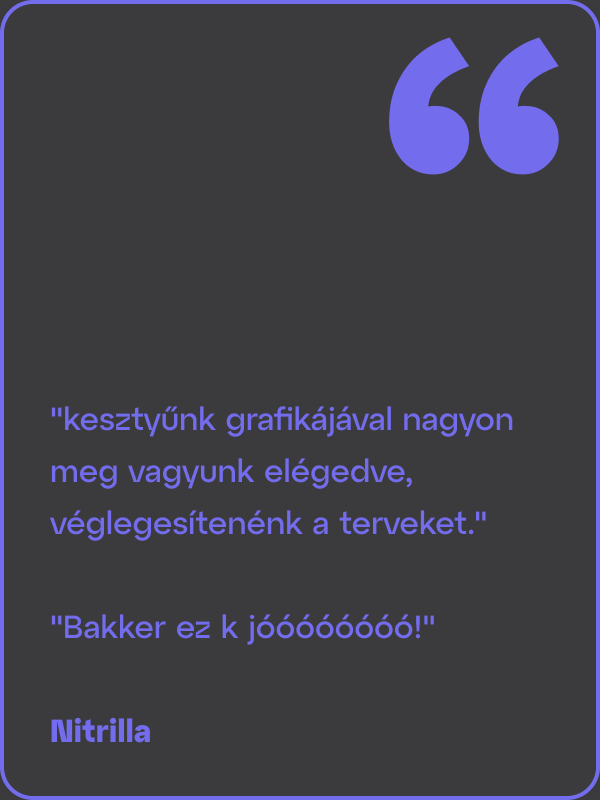 Csomagolástervezési projektre ügyfélvisszajelzés szövege: „kesztyűnk grafikájával nagyon meg vagyunk elégedve, véglegesítenénk a terveket.” „Bakker ez k jóóóóóóóó!” Nitrilla