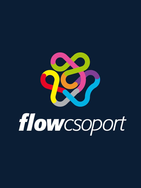 Színes, összefonódó formákból álló Flow Csoport-logó sötét háttéren – kreatív márkaarculat és logódesign
