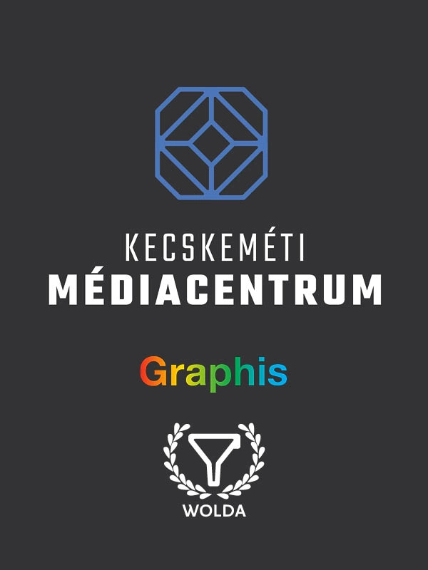 Kecskeméti Médiacentrum logó geometrikus jellel és díjemblémákkal – médiamárka-arculat és grafikai design