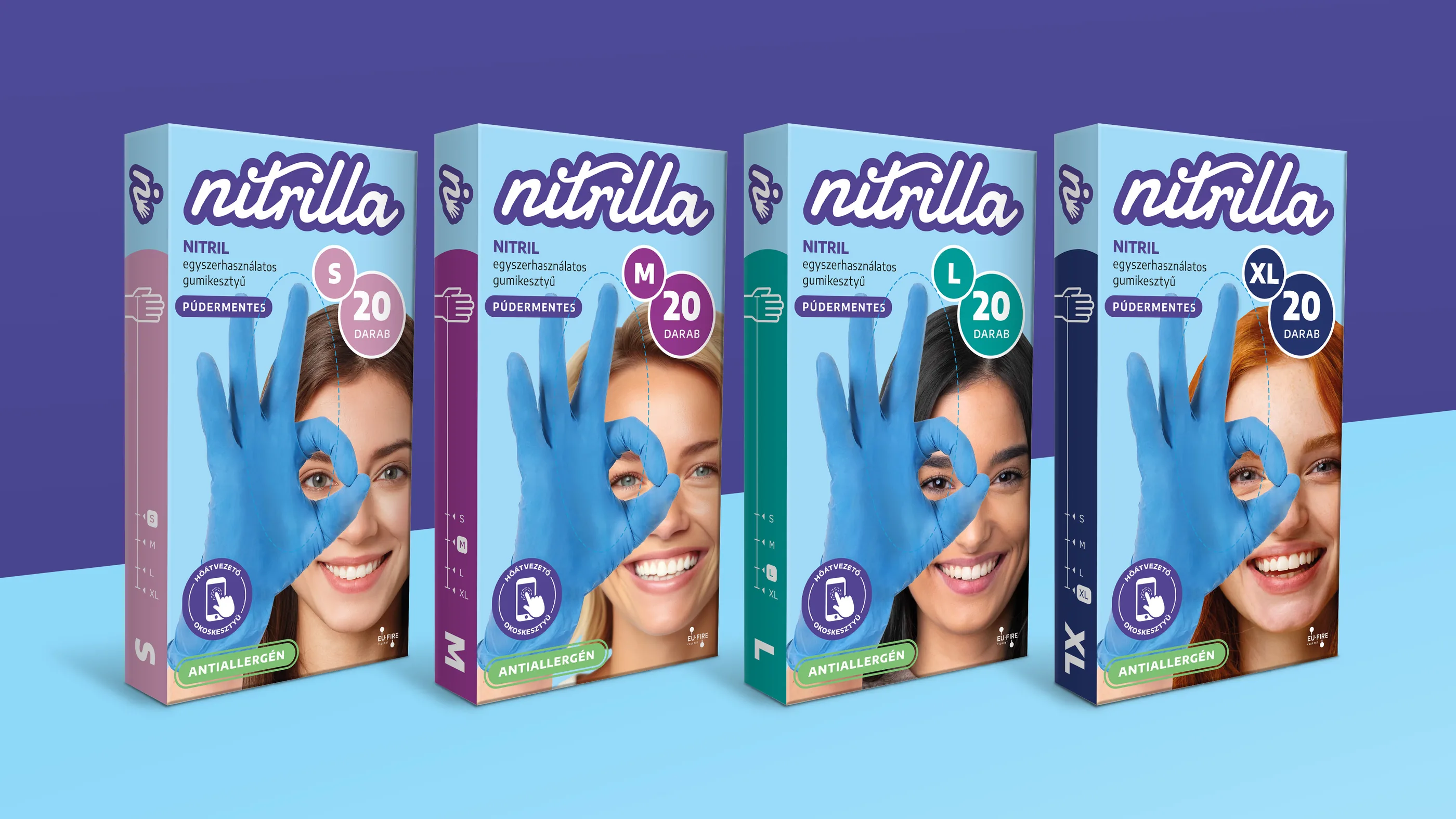 Négy Nitrilla nitrilkesztyű-doboz S, M, L és XL méretben