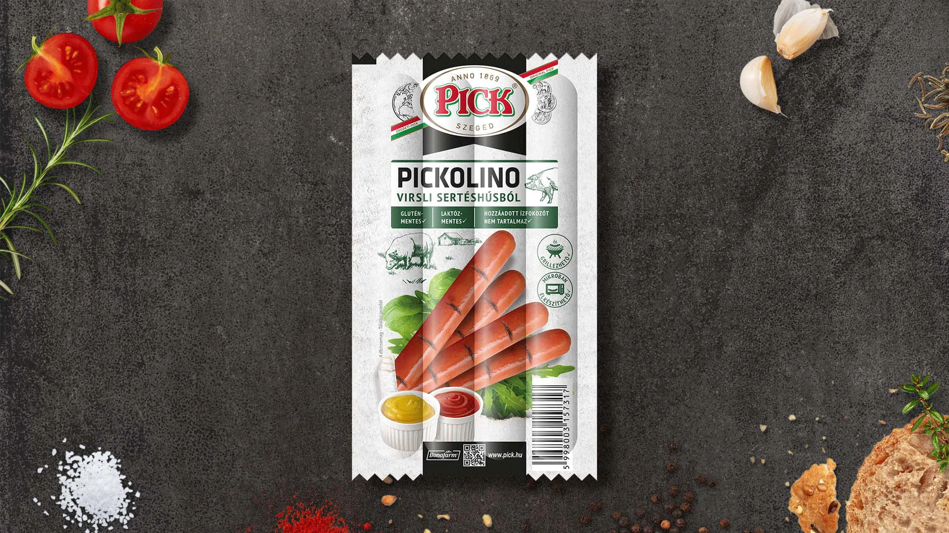 A Pick Pickolino virslik csomagolásváltozatai: sertéshúsos, csirkehúsos, sajtos és pritaminos-sajtos