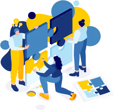 A drawing of people working together around a table