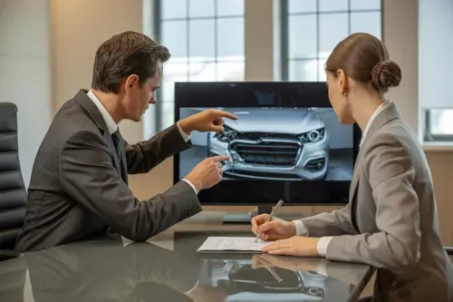 Insurance professionals reviewing vehicle damage on screen during claims assessment.