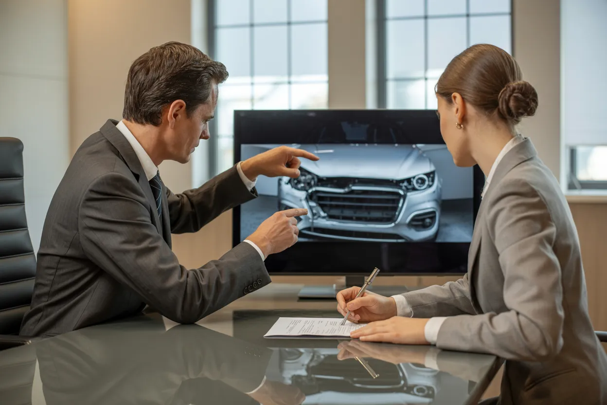 Insurance professionals reviewing vehicle damage on screen during claims assessment.