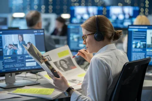 Journalist reviewing news materials and highlighted documents in a newsroom.